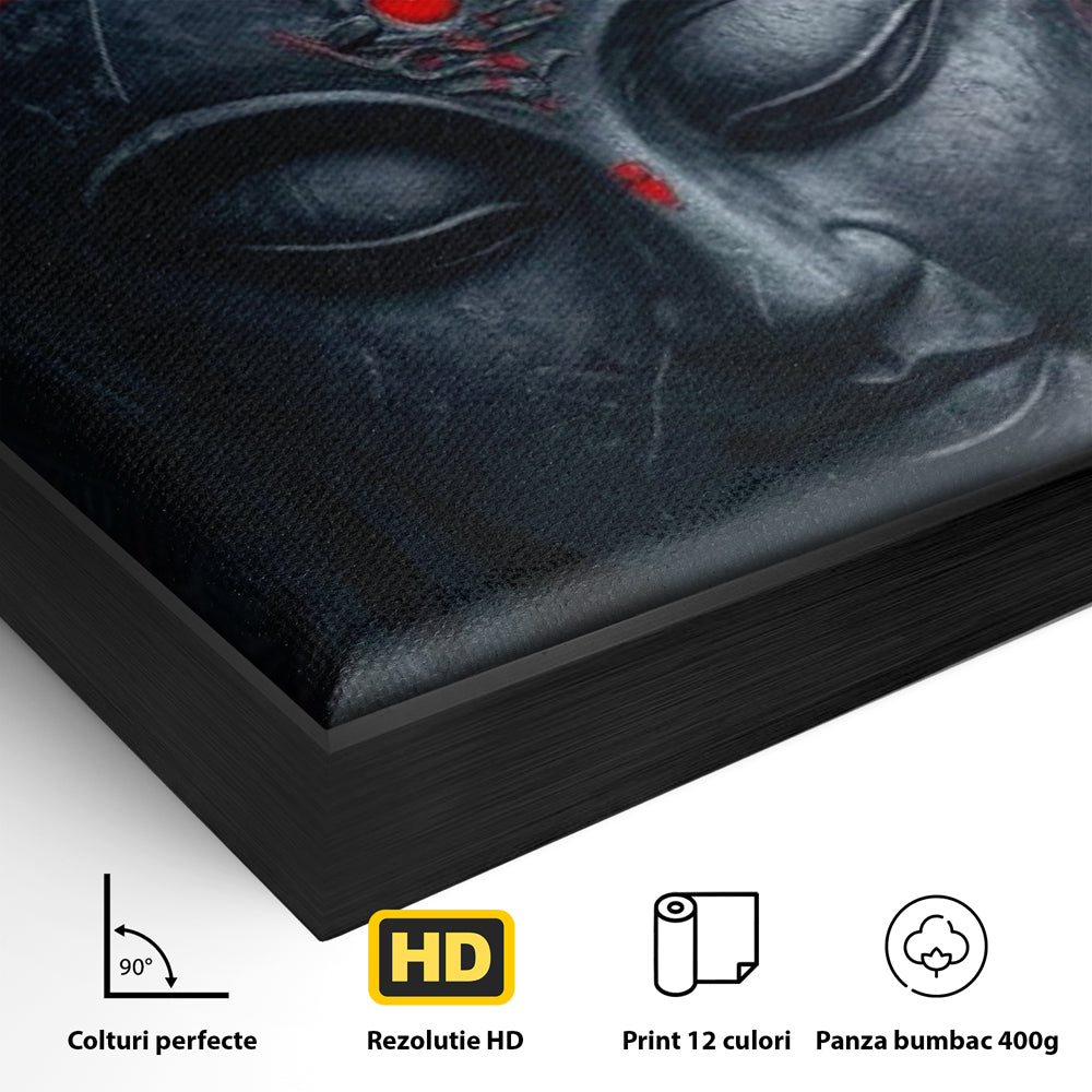 Detaliu al suprafetei: tablou canvas cu capul lui buddha, in rama de aluminiu negru
